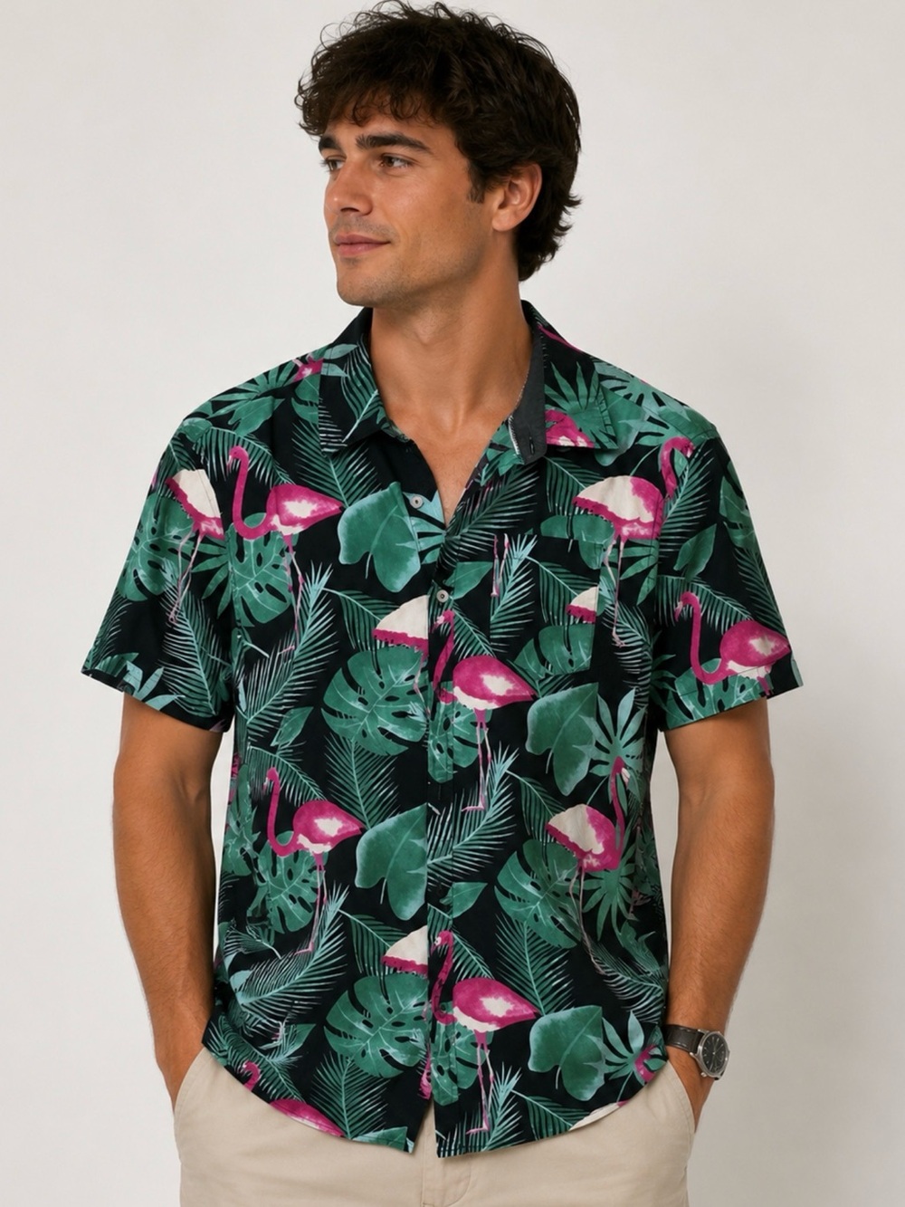 DITCH PLAINS Hawaiian shirt, men’s size, large. magenta, green on black floral